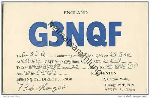 QSL - QTH - Funkkarte - G3NQF - Great Britain - Grange Park - 1960