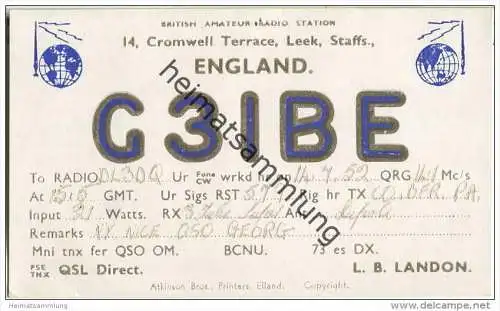 QSL - QTH - Funkkarte - G3IBE - Great Britain - Leek Staffs - 1952