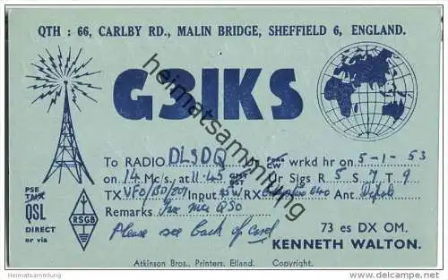 QSL - QTH - Funkkarte - G3IKS - Great Britain - Sheffield - 1953