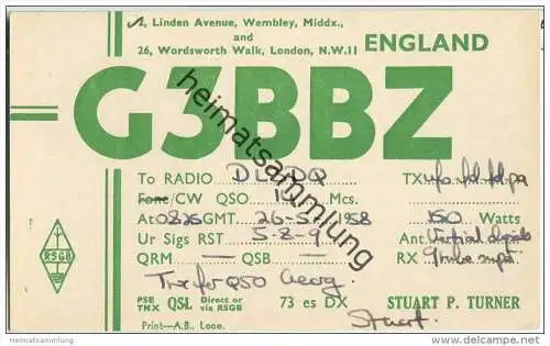 QSL - QTH - Funkkarte - G3BBZ - Great Britain - London - 1958