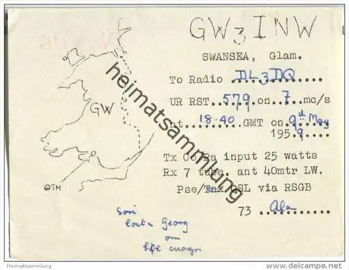 QSL - QTH - Funkkarte - GW3INW - Great Britain - Swansea - 1959