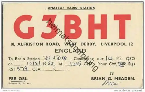 QSL - QTH - Funkkarte - G3BHT - Great Britain - Liverpool - 1957