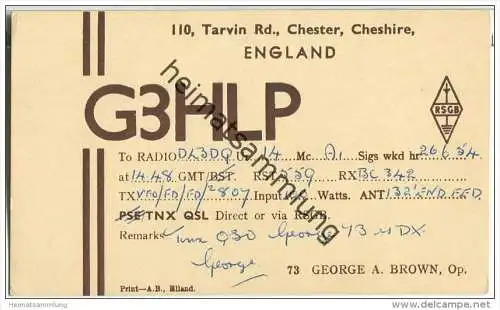 QSL - QTH - Funkkarte - G3HLP - Great Britain - Chester - 1954