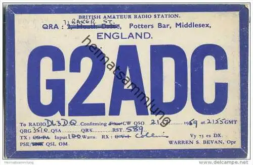QSL - QTH - Funkkarte - G2ADC - Great Britain - Potters Bar - 1959