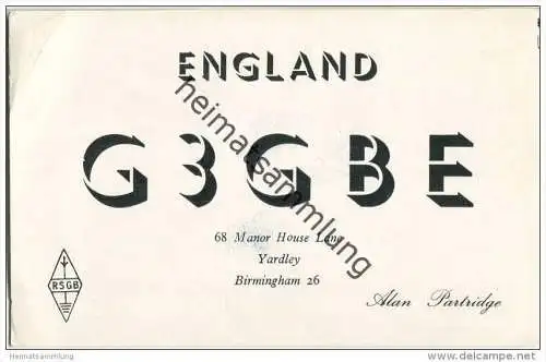 QSL - QTH - Funkkarte - G3GBE - Great Britain - Yardley - 1958