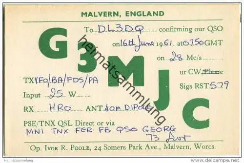 QSL - QTH - Funkkarte - G3MJC - Great Britain - Malvern - 1961