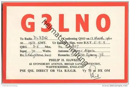 QSL - QTH - Funkkarte - G3LNO - Great Britain - Warwickshire - 1960