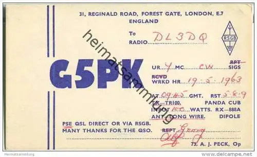 QSL - QTH - Funkkarte - G5PK - Great Britain - London - 1963