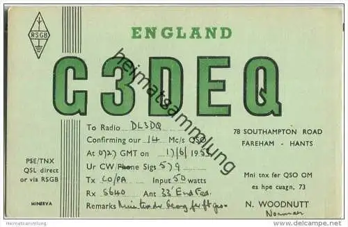 QSL - QTH - Funkkarte - G3DEQ - Great Britain - Fareham-Hants - 1953