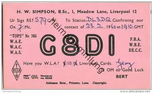 QSL - QTH - Funkkarte - G8DI - Great Britain - Liverpool - 1960