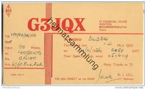 QSL - QTH - Funkkarte - G3JQX - Great Britain - Bournemouth - 1954