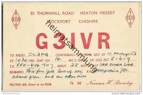 QSL - QTH - Funkkarte - G3IVR - Great Britain - Stockport - 1953