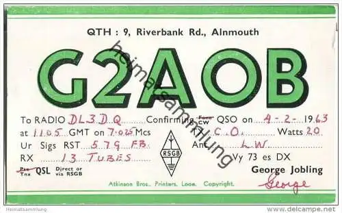 QSL - QTH - Funkkarte - G2AOB - Great Britain - Alnmouth - 1963