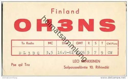 QSL - QTH - Funkkarte - OH3NS - Finnland - Suomi - Riihimäki - 1961