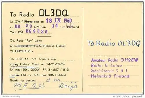 QSL - QTH - Funkkarte - OH2EW - Finnland - Suomi - Helsinki - 1960