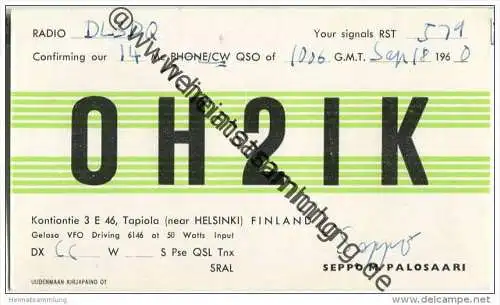 QSL - QTH - Funkkarte - OH2IK - Finnland - Suomi - Tapiola - 1960