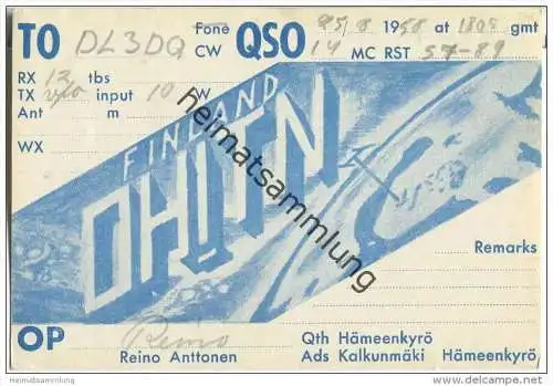 QSL - QTH - Funkkarte - OH1TN - Finnland - Suomi - Hämeenkyrö - 1958