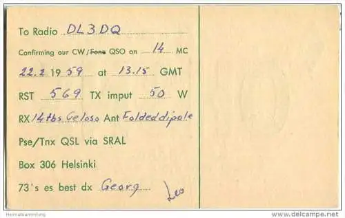 QSL - QTH - Funkkarte - OH3NS - Finnland - Suomi - Riihimäki - 1959