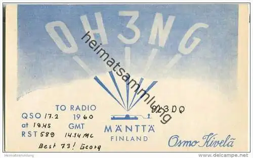 QSL - QTH - Funkkarte - OH3NG - Finnland - Suomi - Mänttä - 1960