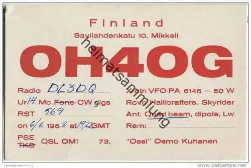 QSL - QTH - Funkkarte - OH4OG - Finnland - Suomi - Mikkell - 1958