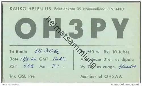 QSL - QTH - Funkkarte - OH3PY - Finnland - Suomi - Hämeenlinna - 1960