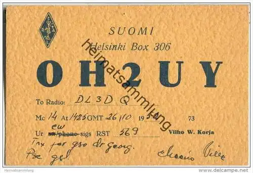 QSL - QTH - Funkkarte - OH2UY - Finnland - Suomi - Helsinki - 1952