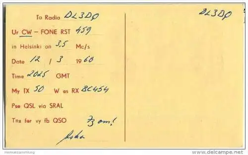 QSL - QTH - Funkkarte - OH2DP - Finnland - Suomi - Helsinki - 1960