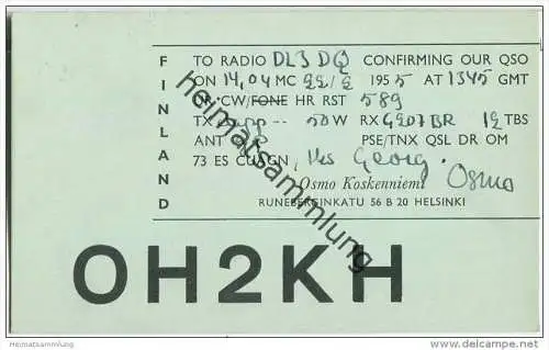 QSL - QTH - Funkkarte - OH2KH - Finnland - Suomi - Helsinki - 1955
