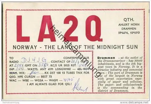 QSL - QTH - Funkkarte - LA2Q - Norwegen - Norge - Drammen - 1958