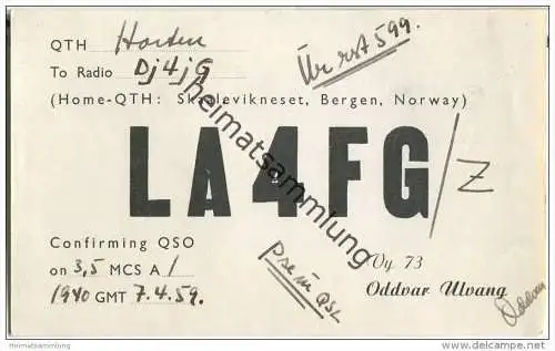 QSL - QTH - Funkkarte - LA4FG - Norwegen - Norge - Bergen - 1959