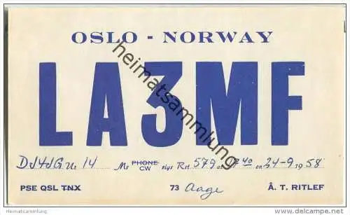 QSL - QTH - Funkkarte - LA3MF - Norwegen - Norge - Oslo - 1958