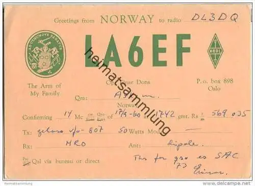 QSL - QTH - Funkkarte - LA6EF - Norwegen - Norge - Oslo - 1960