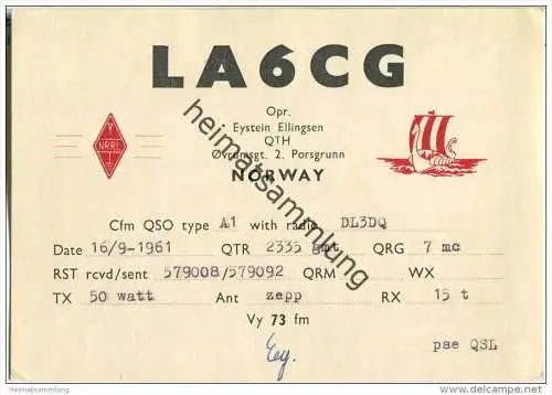 QSL - QTH - Funkkarte - LA6CG - Norway - Norge - Porsgrunn - 1961