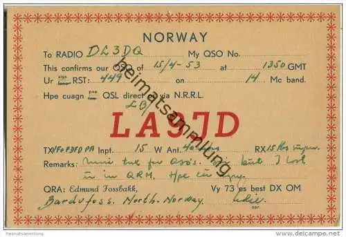 QSL - QTH - Funkkarte - LA9JD - Norway - Norge - Bardvfoss - 1953