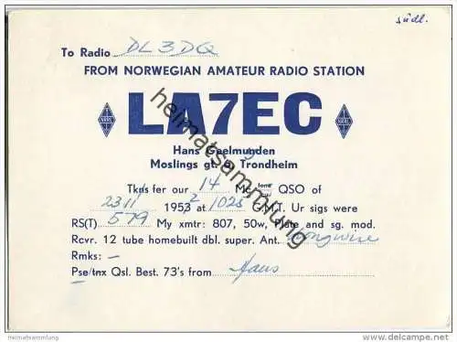 QSL - QTH - Funkkarte - LA7EC - Norway - Norge - Trondheim - 1952