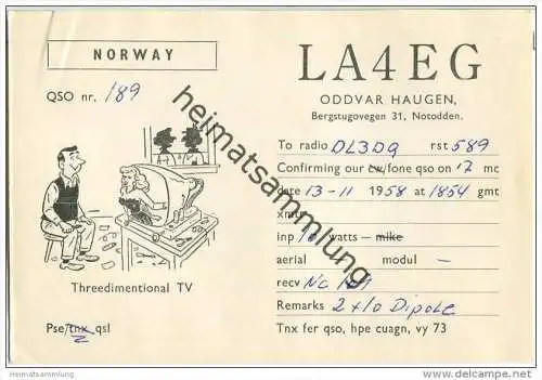 QSL - QTH - Funkkarte - LA4EG - Norway - Norge - Notodden - 1958