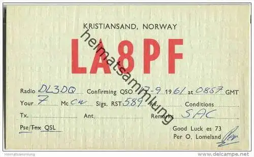 QSL - QTH - Funkkarte - LA8PF - Norway - Norge - Kristiansund - 1961