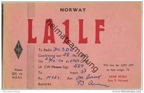 QSL - QTH - Funkkarte - LA1LF - Norway - Harstad - 1960