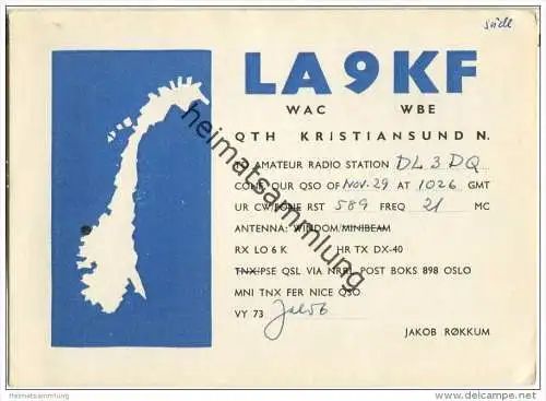 QSL - QTH - Funkkarte - LA9KF - Norway - Norge - Kristiansund - ca. 1960