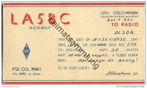 QSL - QTH - Funkkarte - LA5BC - Norway - Oslo - 1953