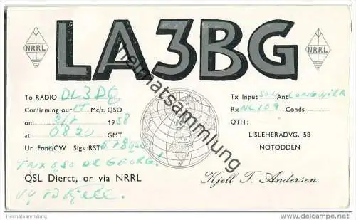 QSL - QTH - Funkkarte - LA3BG - Norway - Notodden - 1958