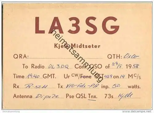 QSL - QTH - Funkkarte - LA3SG - Norway - Norge - Oslo - 1958