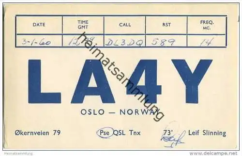 QSL - QTH - Funkkarte - LA4Y - Norway - Norge - Oslo - 1960