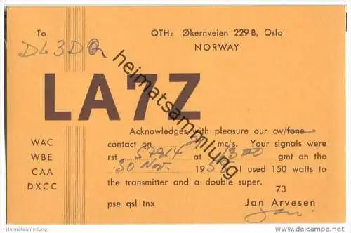 QSL - QTH - Funkkarte - LA7Z - Norway - Oslo - 1958