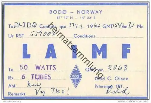 QSL - QTH - Funkkarte - LA1MF - Norway - Bodo - 1960