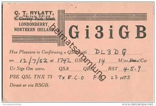 QSL - QTH - Funkkarte - Gi3iGB - Irland - Londonderry - 1952