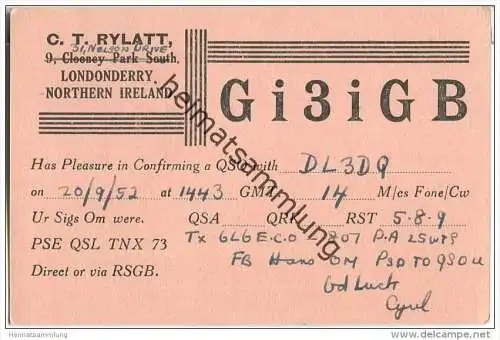 QSL - QTH - Funkkarte - Gi3iGB - Irland - Londonderry - 1952