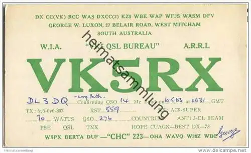 QSL - QTH - Funkkarte - VK5RX - South Australia - West Mitcham - 1963