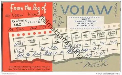 QSL - QTH - Funkkarte - VO1AW - Canada - Neufoundland - St. John's - 1961