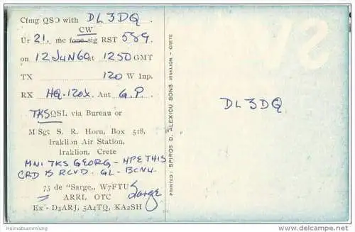 QSL - QTH - Funkkarte - SVOWZ - Crete - Iraklon - 1960